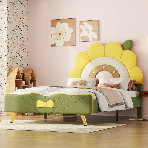 Flachbett, Kinderbett, Sonnenblumenform, Schleifenverzierung am Ende des Bettes