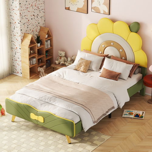 Flachbett, Kinderbett, Sonnenblumenform, Schleifenverzierung am Ende des Bettes