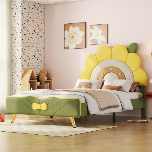 Flachbett, Kinderbett, Sonnenblumenform, Schleifenverzierung am Ende des Bettes