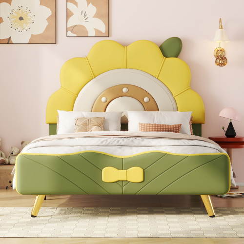 Flachbett, Kinderbett, Sonnenblumenform, Schleifenverzierung am Ende des Bettes