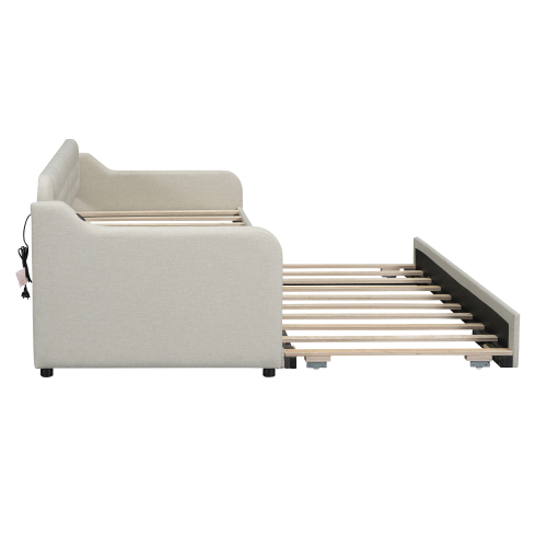 90*200cm Schlafsofa, Tagesbett, mit ausziehbares Rollbett, USB-Anschluss