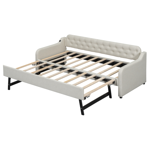 90*200cm Schlafsofa, Tagesbett, mit ausziehbares Rollbett, USB-Anschluss