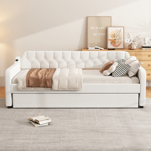 90*200cm Schlafsofa, Tagesbett, mit ausziehbares Rollbett, USB-Anschluss