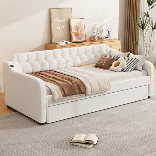 90*200cm Schlafsofa, Tagesbett, mit ausziehbares Rollbett, USB-Anschluss