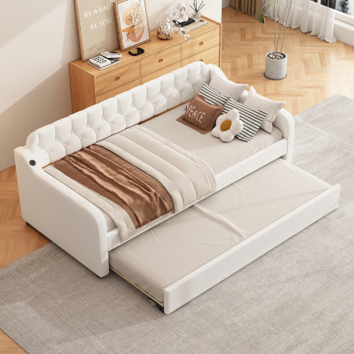90*200cm Schlafsofa, Tagesbett, mit ausziehbares Rollbett, USB-Anschluss