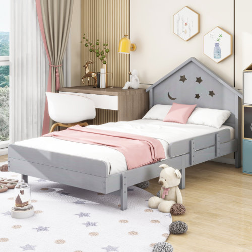 Kinderbett,Einzelmassivholzbett, Stern-Mond-Muster, Hochbettdesign