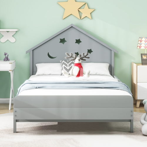 Kinderbett,Einzelmassivholzbett, Stern-Mond-Muster, Hochbettdesign