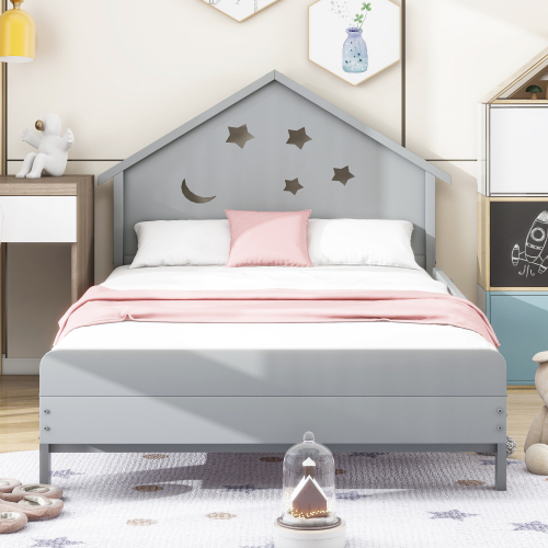 Kinderbett,Einzelmassivholzbett, Stern-Mond-Muster, Hochbettdesign
