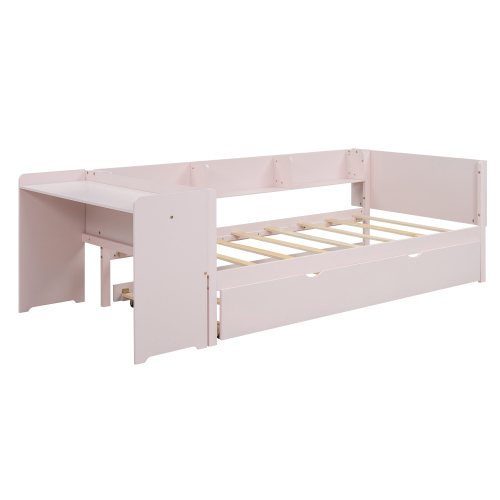 Flachbett, mit ausziehbarem Bett, mit Schreibtisch, drei Regale an der Seite des Bettes