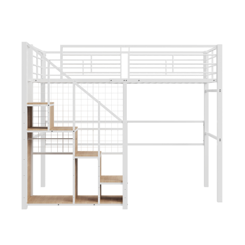 Hochbett mit Sicherheitsleiter Kinderbett mit Eisenrahmen und Ablagefläche, Jugendbett, Einzelbett