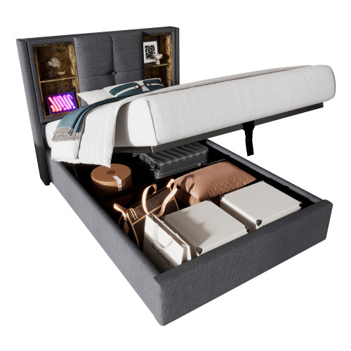 Doppelbett mit Kabellosem Laden USB , Bettgestell mit Stauraum Lattenrost aus Holz-Grau Baumwolle 