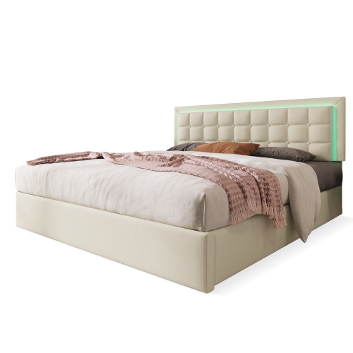 Polsterbett mit Lattenrost und Stauraum Doppelbett inkl. LED- , Funktionsbett Bezug aus Kunstleder