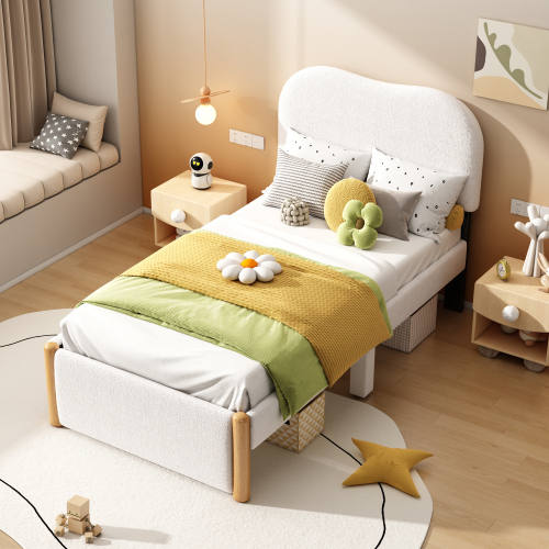 90*200cm Flachbett, Polsterbett, Kinderbett, weißes Kopfteil, minimalistisches Styling