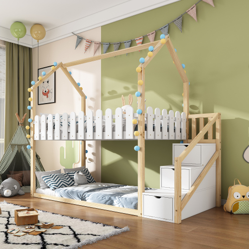 Etagenbett aus Massivholz mit Zaun-OKWISH