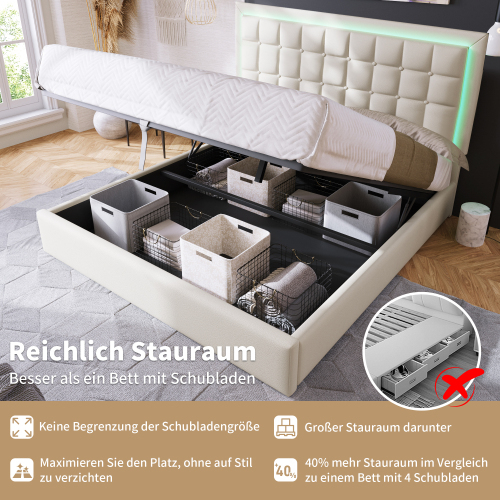 Polsterbett mit Lattenrost und Stauraum Doppelbett inkl. LED-Beleuchtungsleiste Bettg