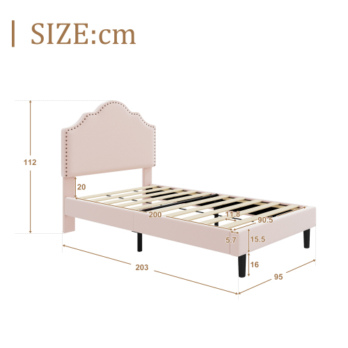 Elegantes, geschwungenes rosafarbenes Einzelbett, verziert mit exquisiten Nieten-OKWISH