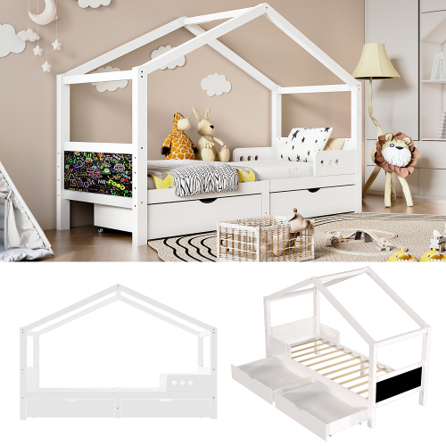 Bett aus Kiefernholz in Hausform mit Rahmen-OKWISH