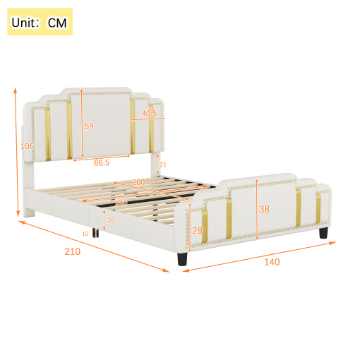 140*200cm Flachbett, gepolstertes Bett, Goldstreifen, leichter Luxus-Stil, minimalistisches Styling