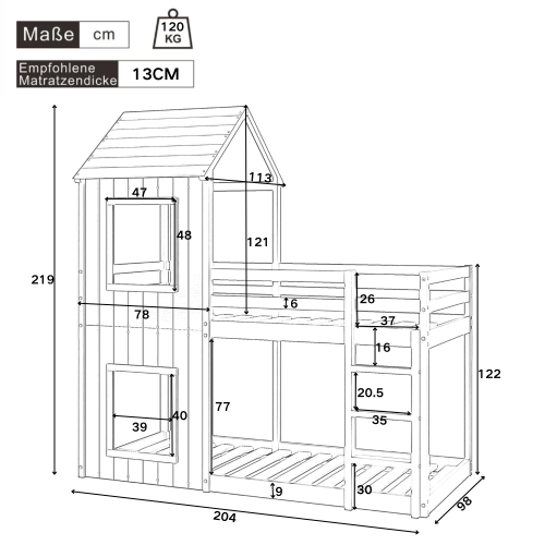 Etagenbett aus Massivholz mit Leiterschuppen-OKWISH