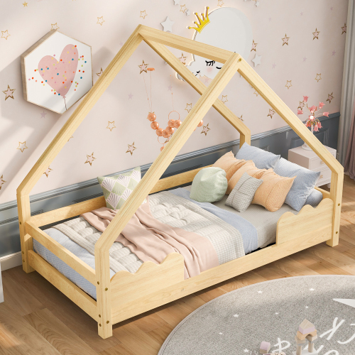 Hausbett Kinderbett mit Rausfallschutz Spielbett Jugendbett Massivholz in Natur