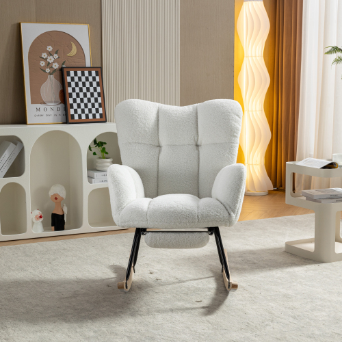 New Modern Teddy Fabric Tufted Upholstered Rocking Chair with pull-out footrest