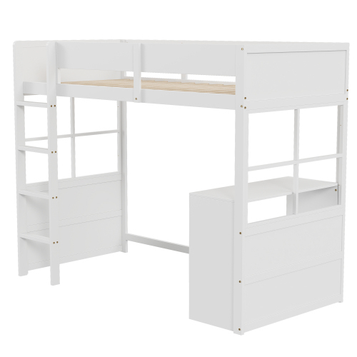 Hochbett aus Holz 90*200cm, Sicherheitstreppe, mit Tisch, hohes Zaundesign, Einzelbett, Kinderbett