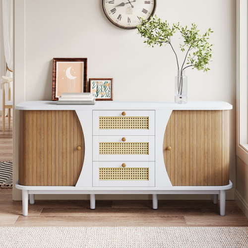 Sideboard, Rattanschrank mit Schubladen, Kommode mit Schiebetüren 