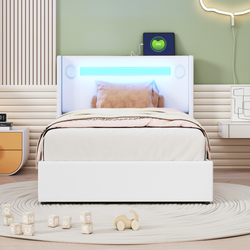 Mit LED-Lichtleiste, Bluetooth-Player und USB-Aufladung, Stauraumbett aus PU-Leder, Hochbettkasten