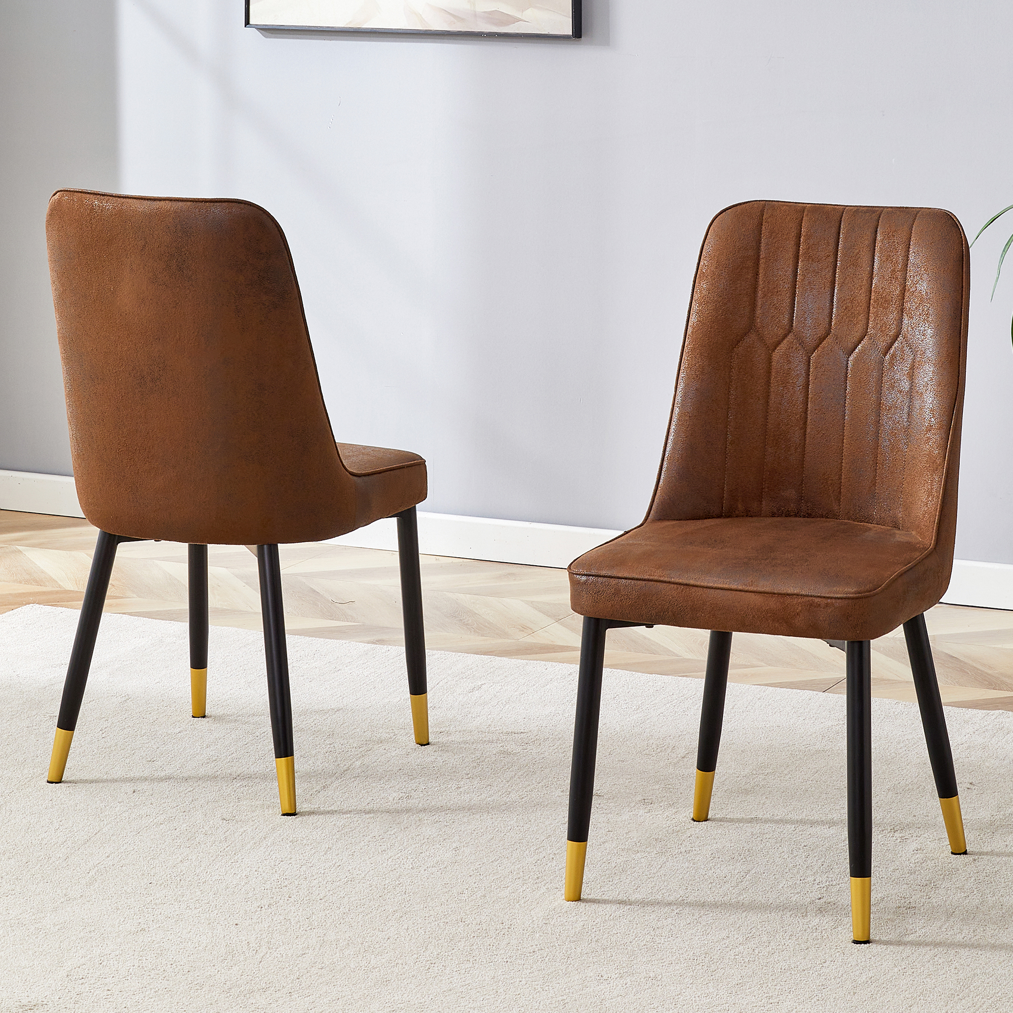 OKWISH Set of 2 Brown Dining Chairs with Metal Legs