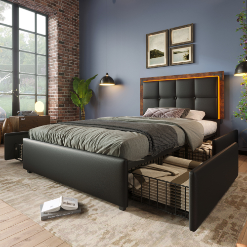 Bettgestell mit LED-Beleuchtungsleiste und 4 Schubladen, Höhenverstellbarem Kopfteil, Funktionsbett