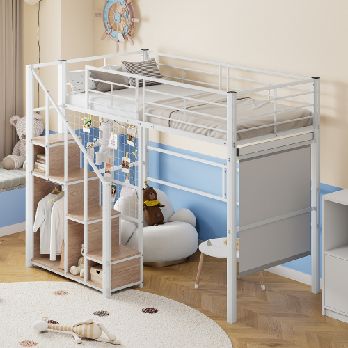 Hochbett mit Sicherheitsleiter Kinderbett mit Eisenrahmen und Ablagefläche, Jugendbett, Einzelbett