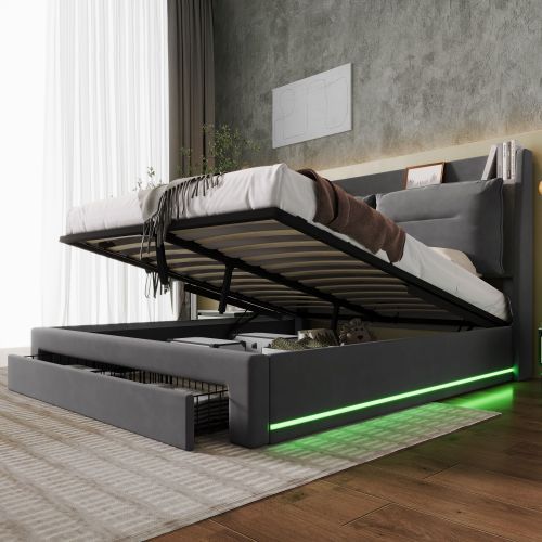 Mit LED-Licht gepolstertes hydraulisches Bett-OKWISH