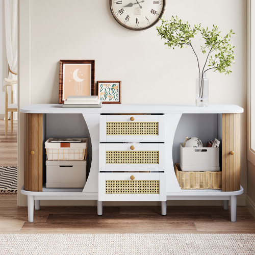 Sideboard, Rattanschrank mit Schubladen, Kommode mit Schiebetüren 