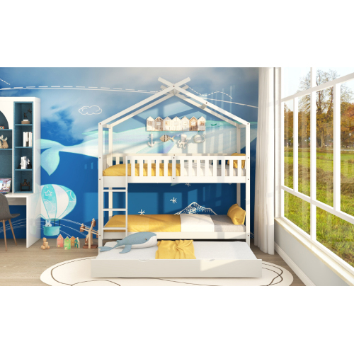 Hausbett Kinderbett Jugendbett, drei Betten, Ausziehbar, Platzsparendes Design