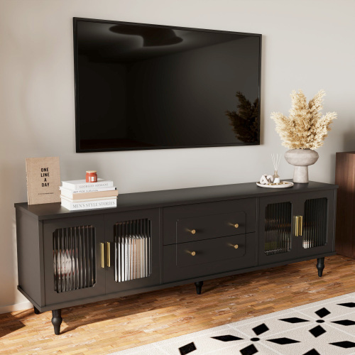 Lowboard, TV-Möbel im Retro-Stil: goldene Griffe, viel Stauraum. Mit Glastür und Beinen aus Massivholz 