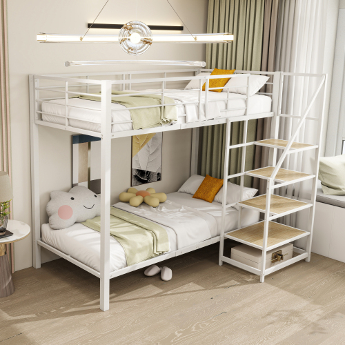 Etagenbett aus Eisen  Aufbewahrungstreppe, hohes Geländer, Doppelbett, Jugendbett, Kinderbett,