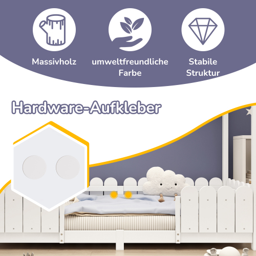Hausbett 90x200 cm - vielseitiges Holz Kinderbett für Jungen & Mädchen - Mit Rausfallschutz und Lattenrost – Weiß (Ohne Matratze) 