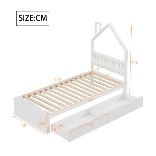 Holzbett 90*200 cm, Kopfteil in Form eines Hauses, mit eigenen Ablagefächern, Kinderbett, einzeln
