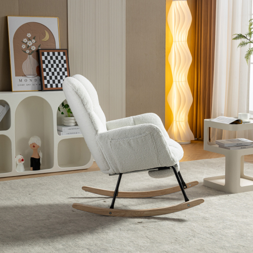 New Modern Teddy Fabric Tufted Upholstered Rocking Chair with pull-out footrest