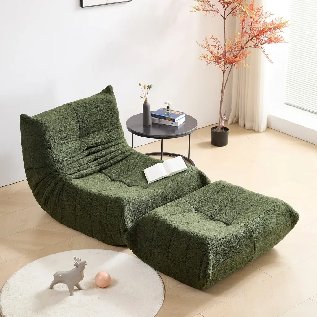 Relax Sessel Sofa Set – Faltbares Schlafsofa mit Rückenlehne & Fußstütze aus Teddystoff, Grün, für Wohnzimmer & Meditation