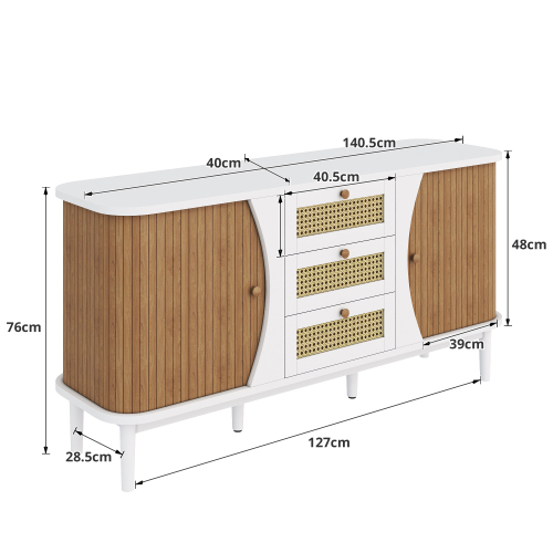 Sideboard, Rattanschrank mit Schubladen, Kommode mit Schiebetüren 