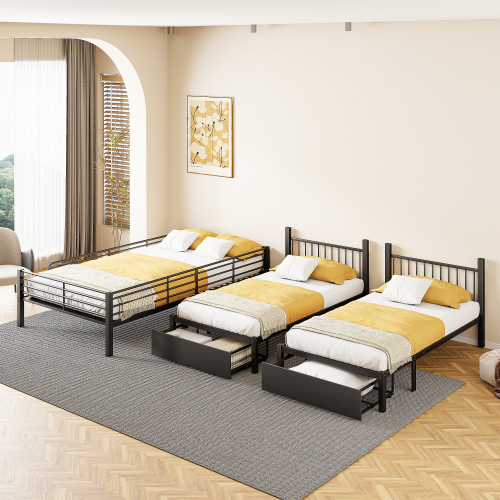 Dreifaches Etagenbett mit Schubladen, Metallbettrahmen, multifunktionales Metallrahmenbett 