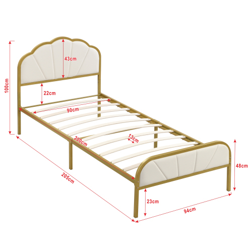 Eisenrahmenbett, Flachbett, wolkenähnliches Kopfteil, goldener Rahmen, minimalistisches Design