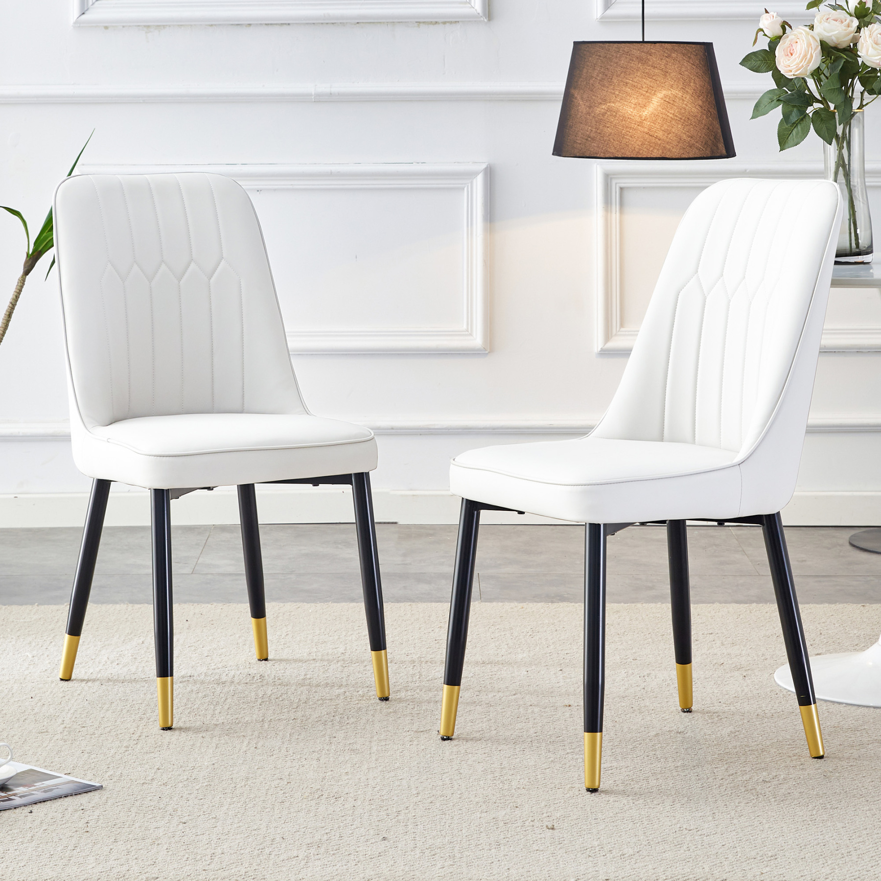 OKWISH White PU Dining Chairs Set with Black Metal Legs