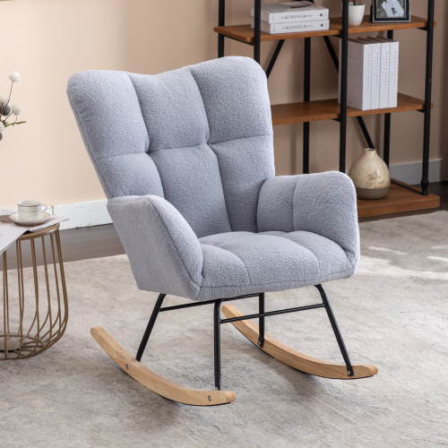 Mid Century Modern Teddy Fabric Tufted Upholstered Rocking Chair Padded Seat For Living Room Bedroom