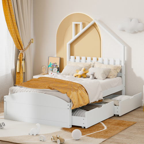 Holzbett 90*200 cm, Kopfteil in Form eines Hauses, mit eigenen Ablagefächern, Kinderbett, einzeln