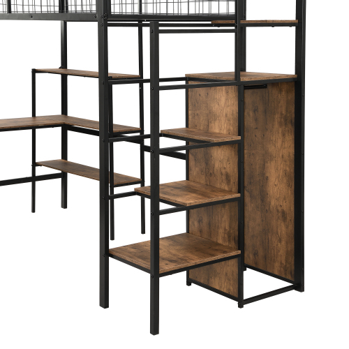 90*200cm Hochbett, Eisenbett, Untertisch, mehrere Einlegeböden, Einbauschrank