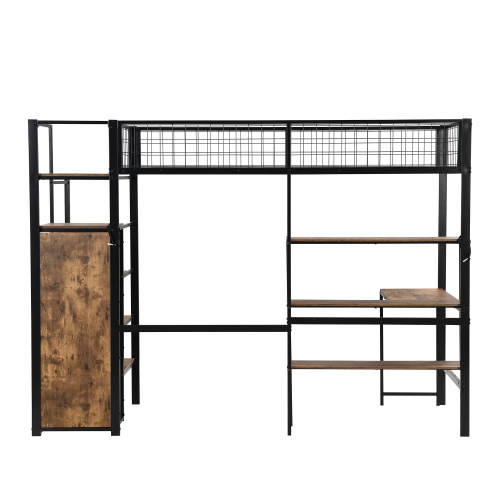 90*200cm Hochbett, Eisenbett, Untertisch, mehrere Einlegeböden, Einbauschrank