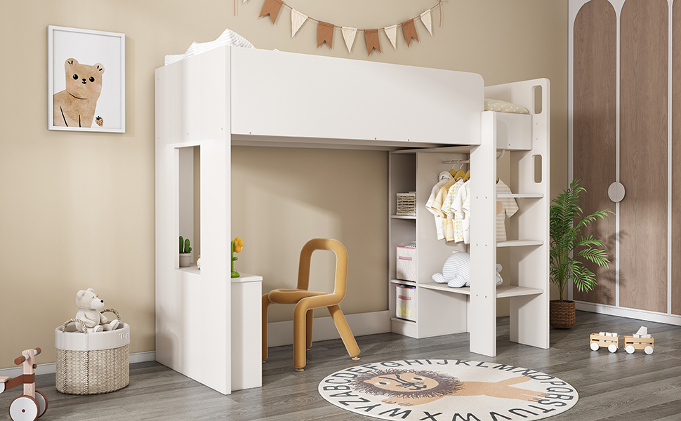 Kinderbett Hochbett 90x200 cm Bett Holzbett mit Tisch mit Stauraum mit Staufach Familienbett 