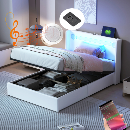 Mit LED-Lichtleiste, Bluetooth-Player und USB-Aufladung, Stauraumbett aus PU-Leder, Hochbettkasten